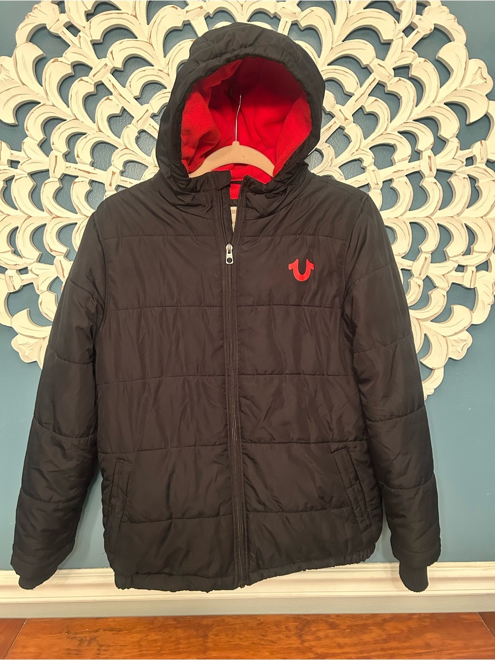 True Religion Black Puffer Jacket with Red Interior